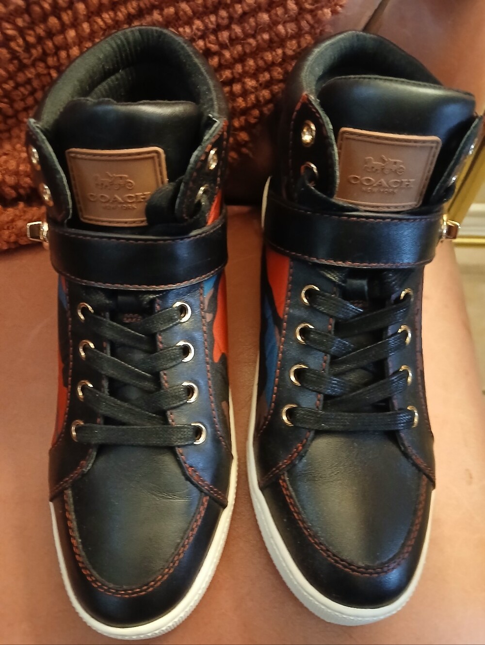 Women's COACH High Top Sneakers in Black, Red & Green And Brown Camouflage (9B)